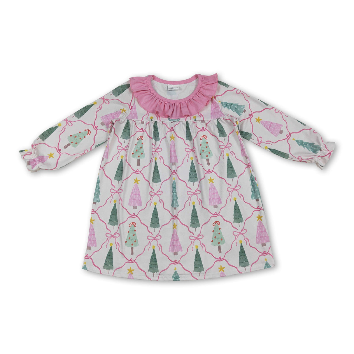 Pink ruffle long sleeves Christmas trees bow girls dress