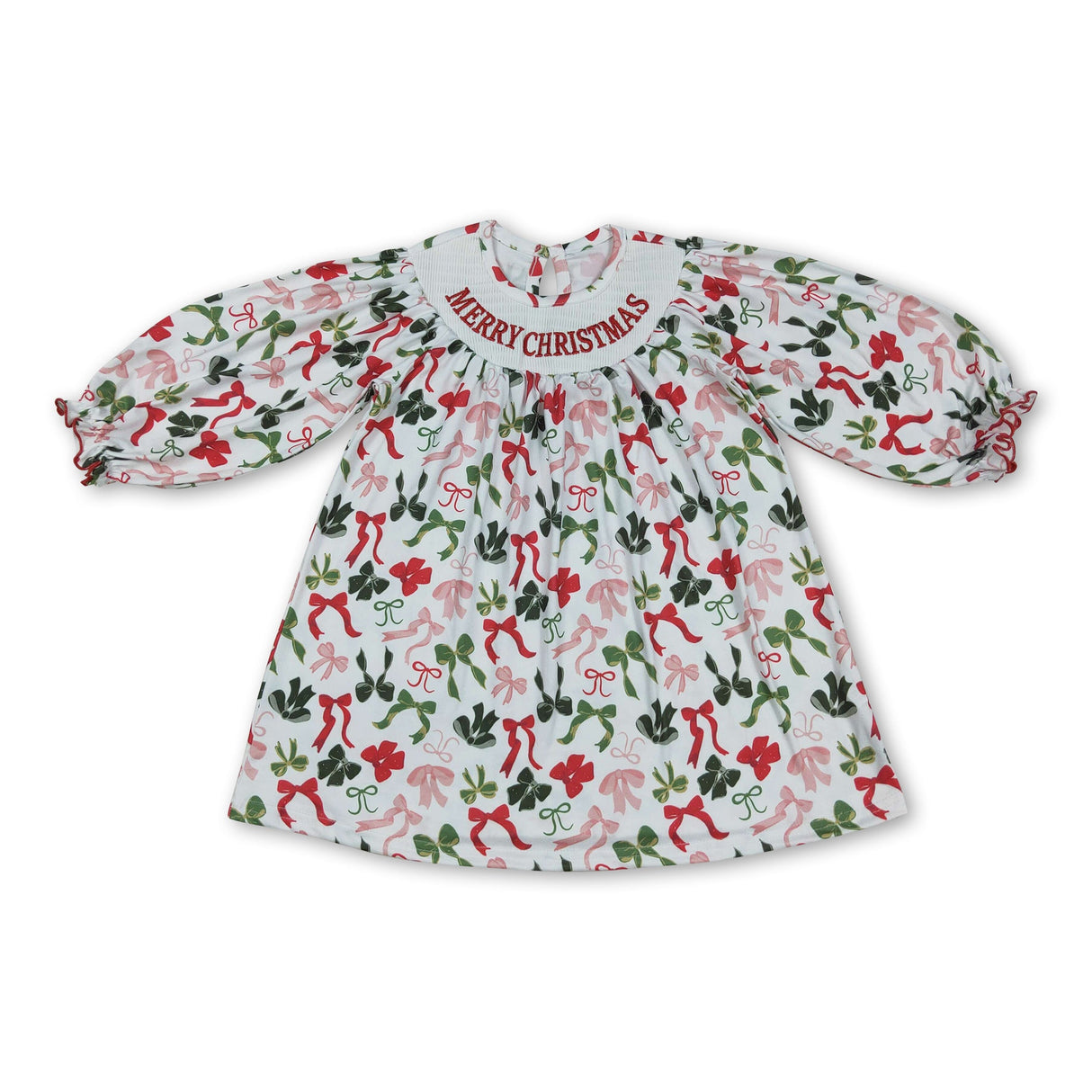 Green red bow Merry Christmas smocked girls dresses