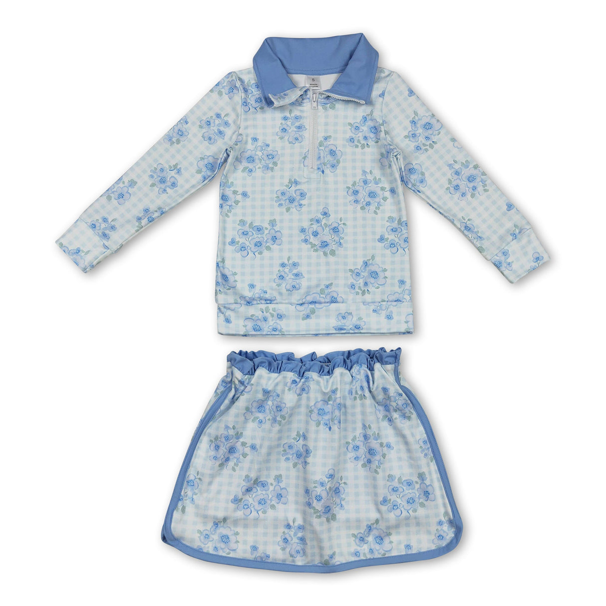 Long sleeves light blue floral pullover skirt girls clothes