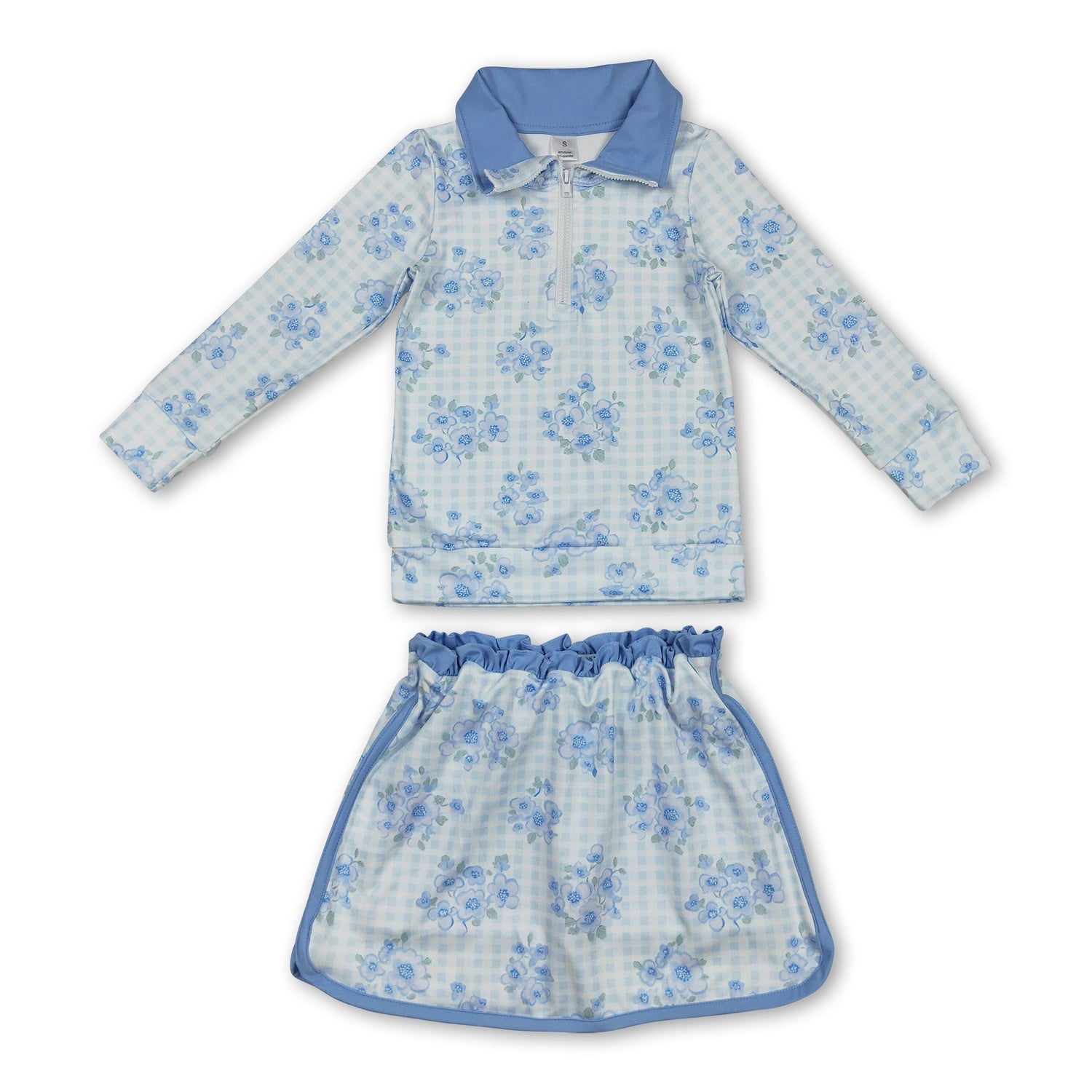 Long sleeves light blue floral pullover skirt girls clothes