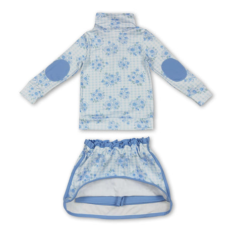 Long sleeves light blue floral pullover skirt girls clothes