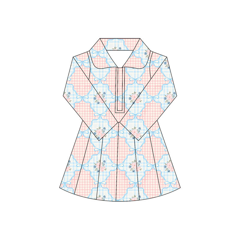 Long sleeves plaid bow floral kids girls athletic dress