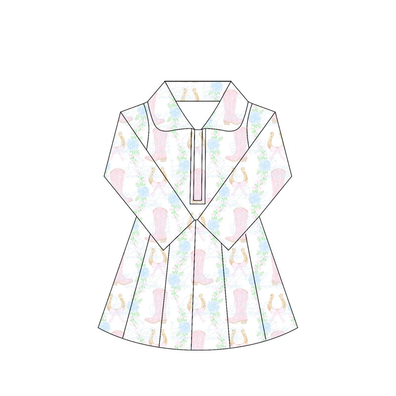 Long sleeves pink boots bow floral kids girls athletic dress