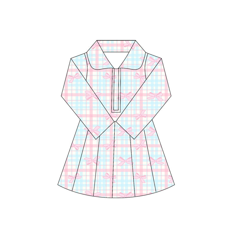 Long sleeves pink plaid bow kids girls athletic dress