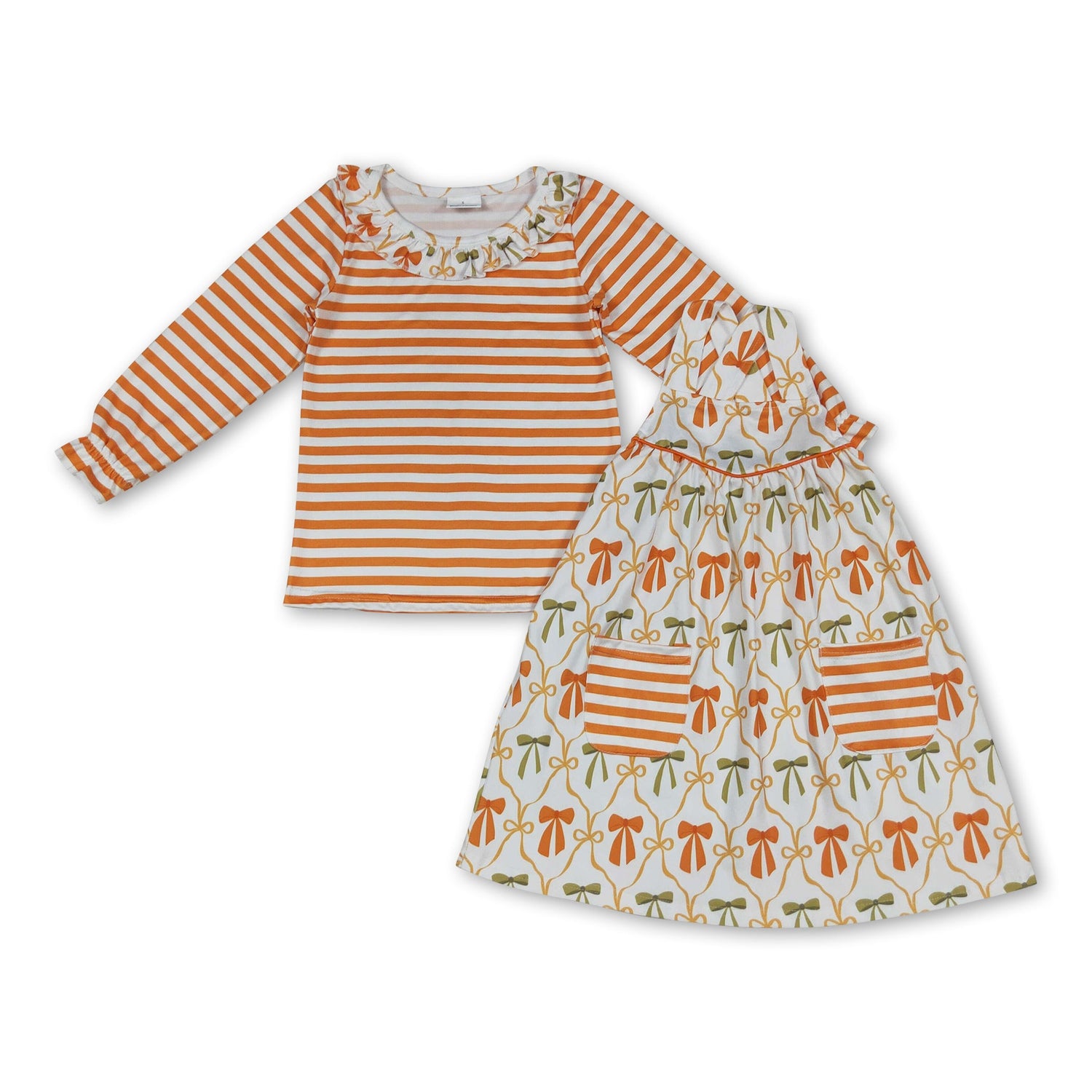 Orange stripe top bow pockets dress girls fall clothing