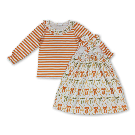 Orange stripe top bow pockets dress girls fall clothing