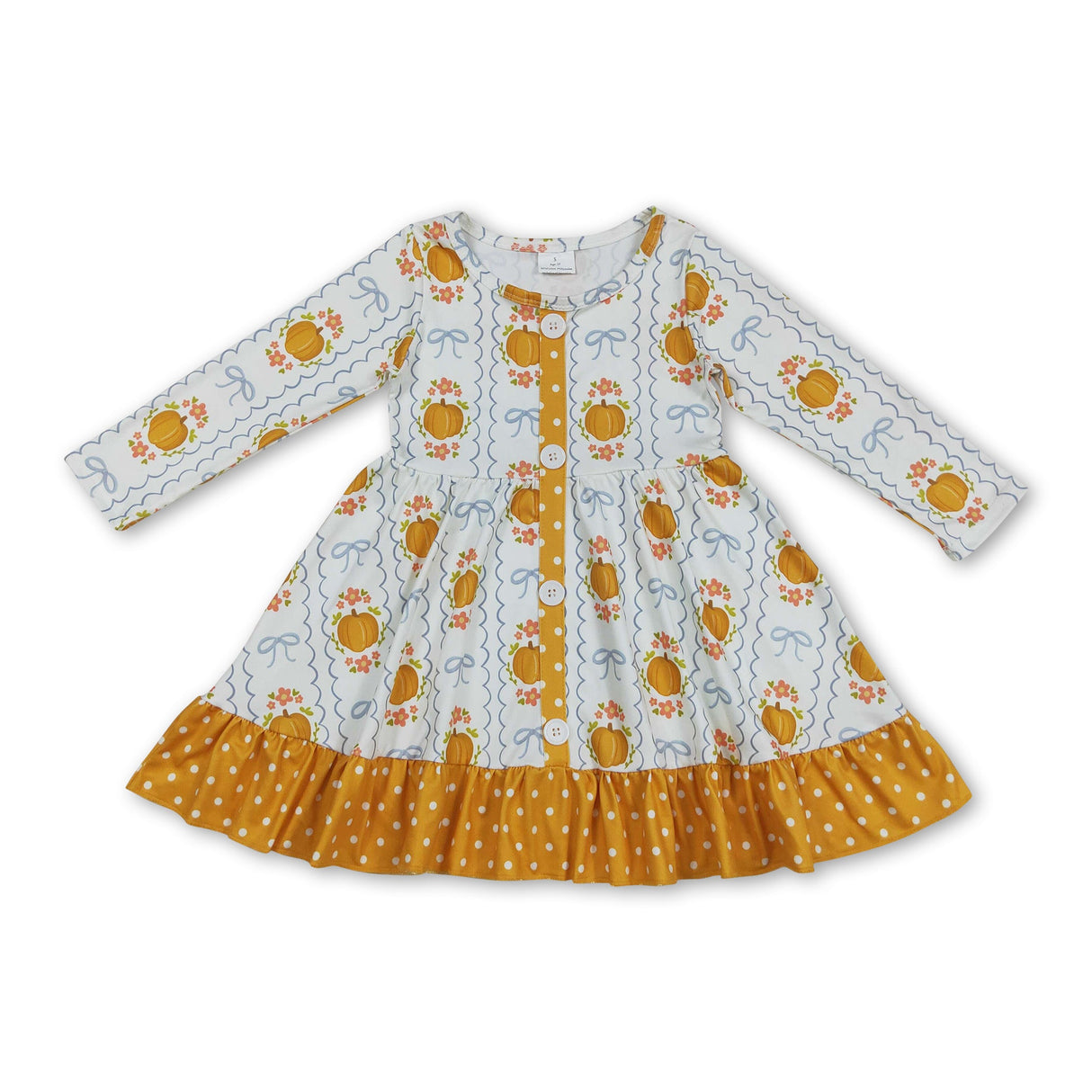 Long sleeves pumpkin bow floral ruffle girls fall dress