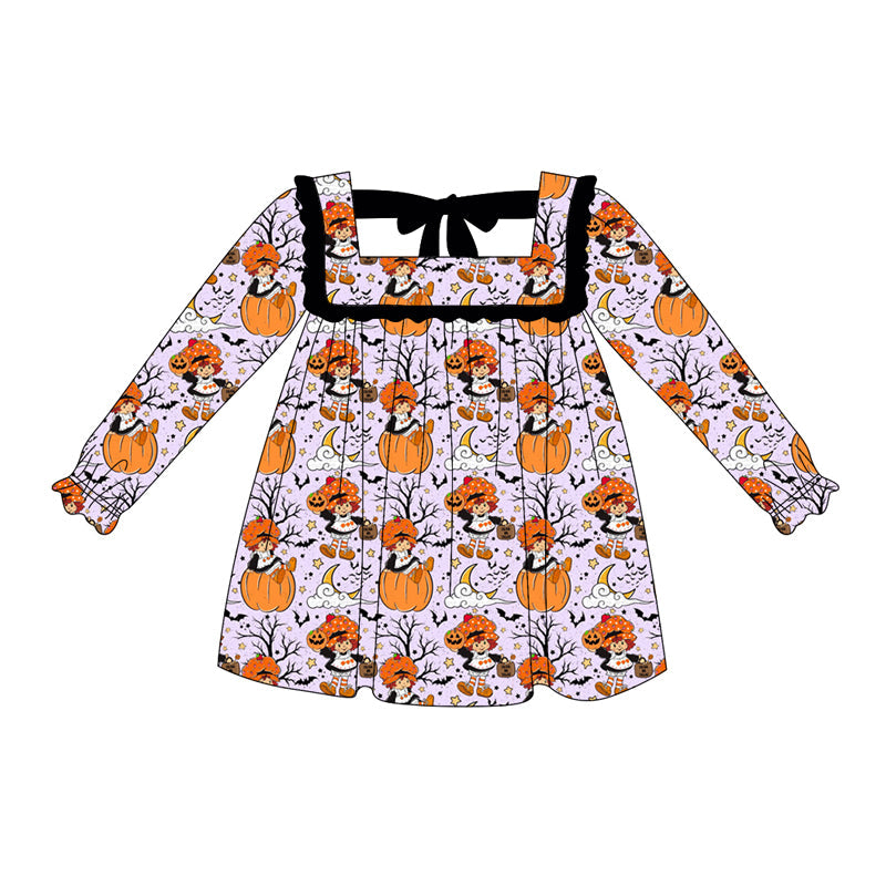 Long sleeves pumpkin bat kids girls Halloween dresses