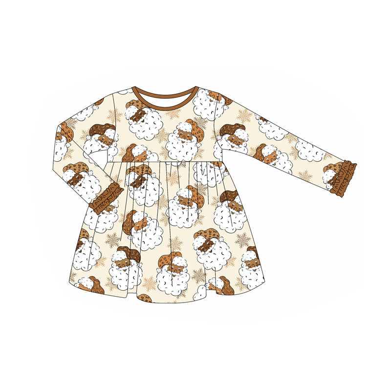 Brown ruffle long sleeves black santa girls Christmas dresses