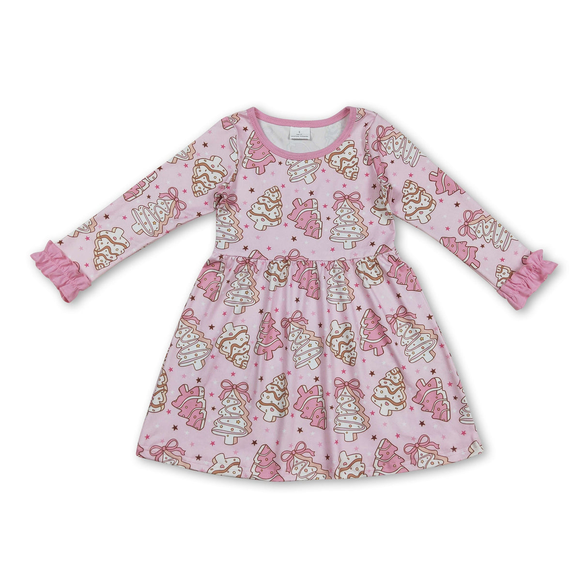Pink bow long sleeves Christmas tree cake girls dresses