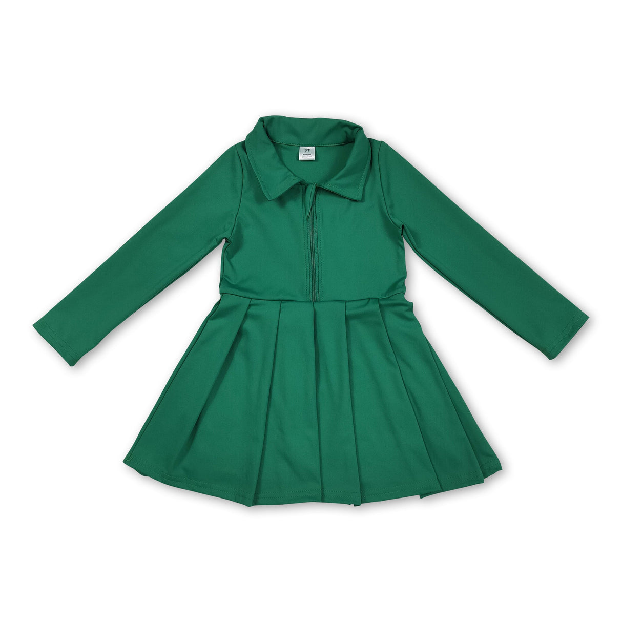 Long sleeves green zipper kids girls athletic polo dress