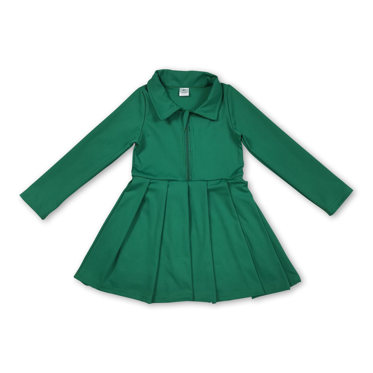 Long sleeves green zipper kids girls athletic polo dress