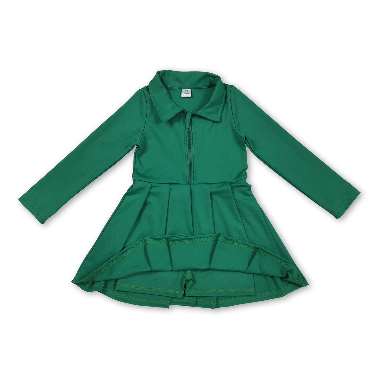 Long sleeves green zipper kids girls athletic polo dress