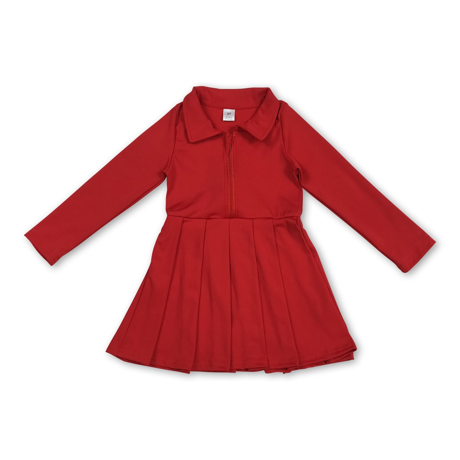 Long sleeves red zipper kids girls athletic polo dress