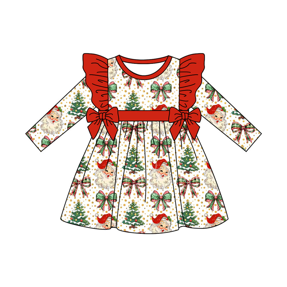 Long sleeves Christmas tree bow santa baby girls dresses