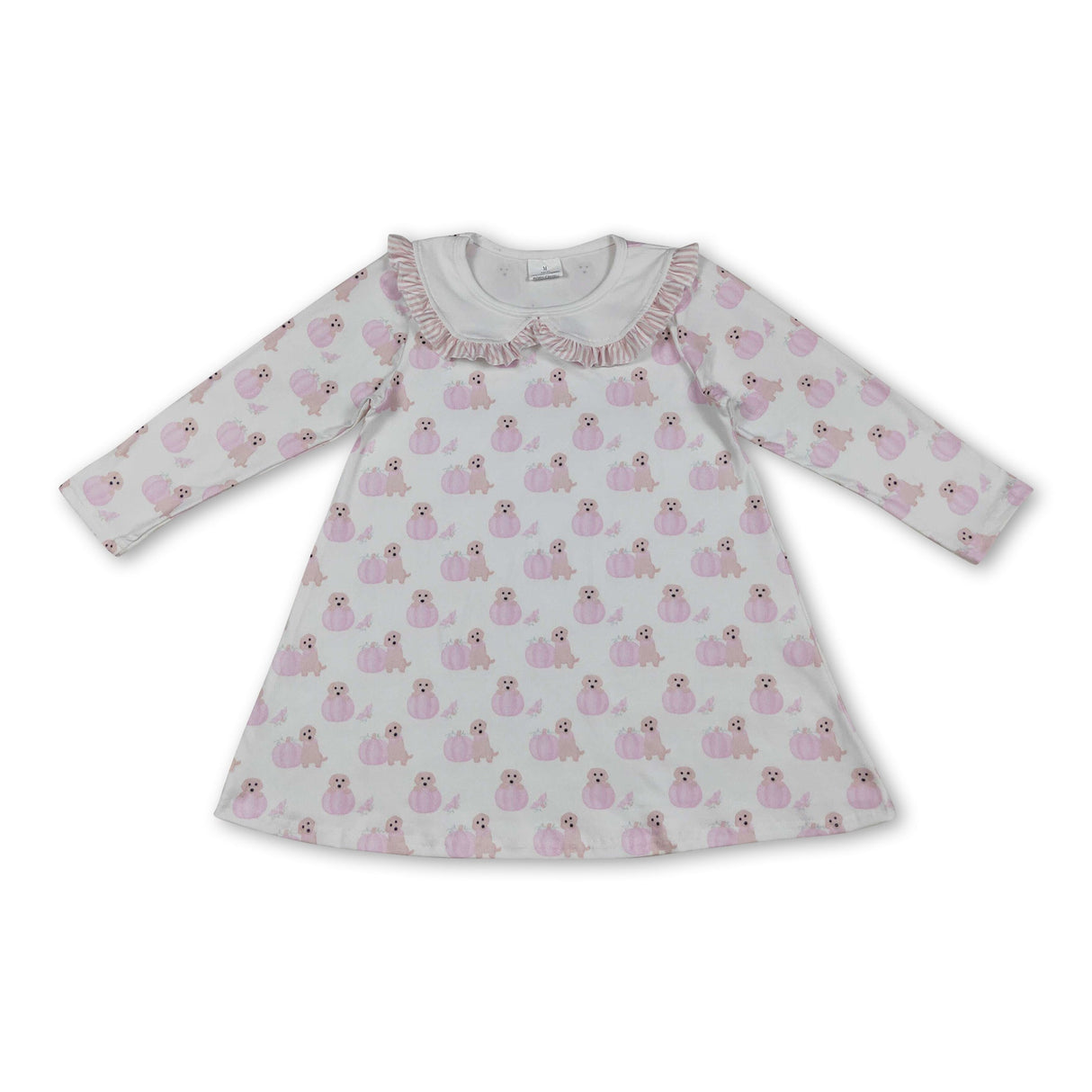 Pink ruffle long sleeves dog pumpkin kids girls fall dress