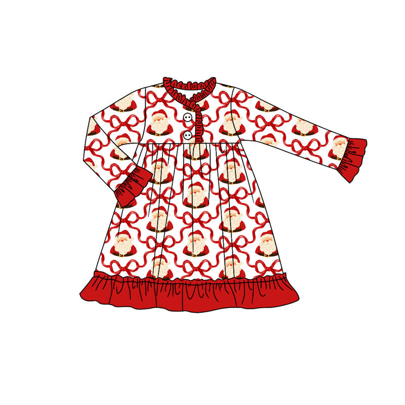 Red long sleeves bow santa kids girls Christmas night dress