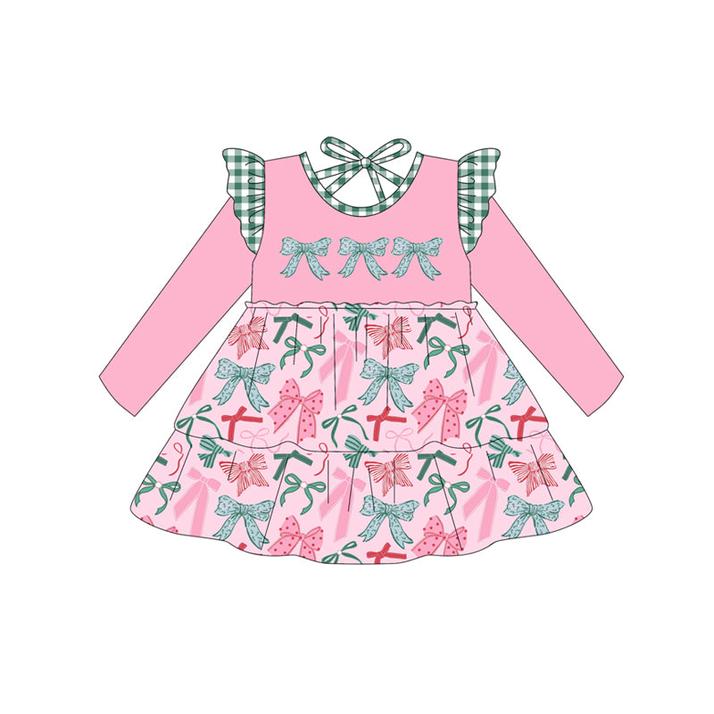 Pink long sleeves bow toddler girls dresses