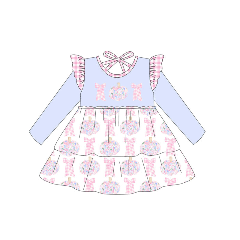 Long sleeves floral pumpkin bow toddler girls dresses