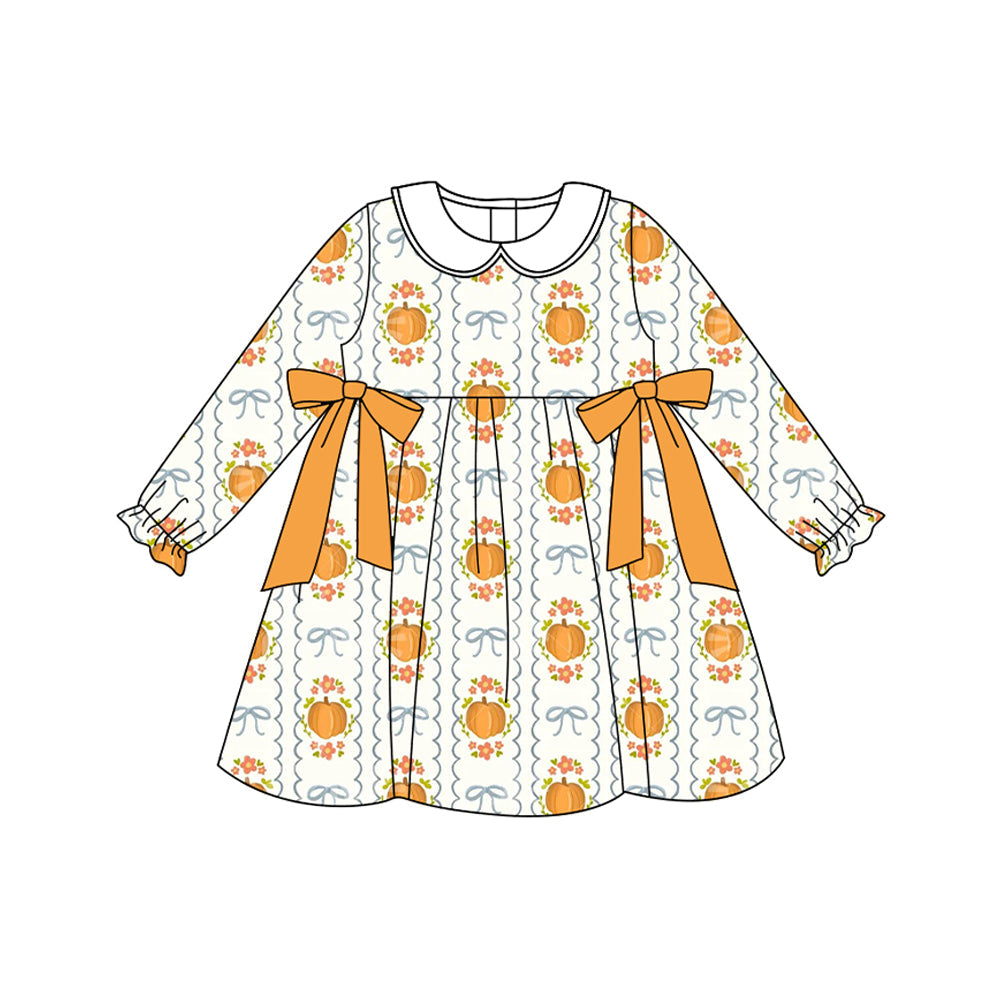 Long sleeves pumpkin floral bow baby girls fall dresses