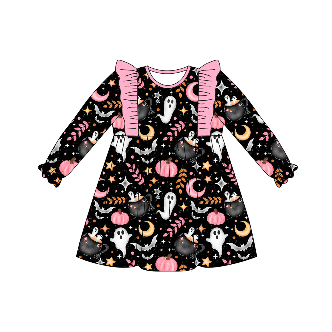 Pink ruffle long sleeves pumpkin ghost girls Halloween dress