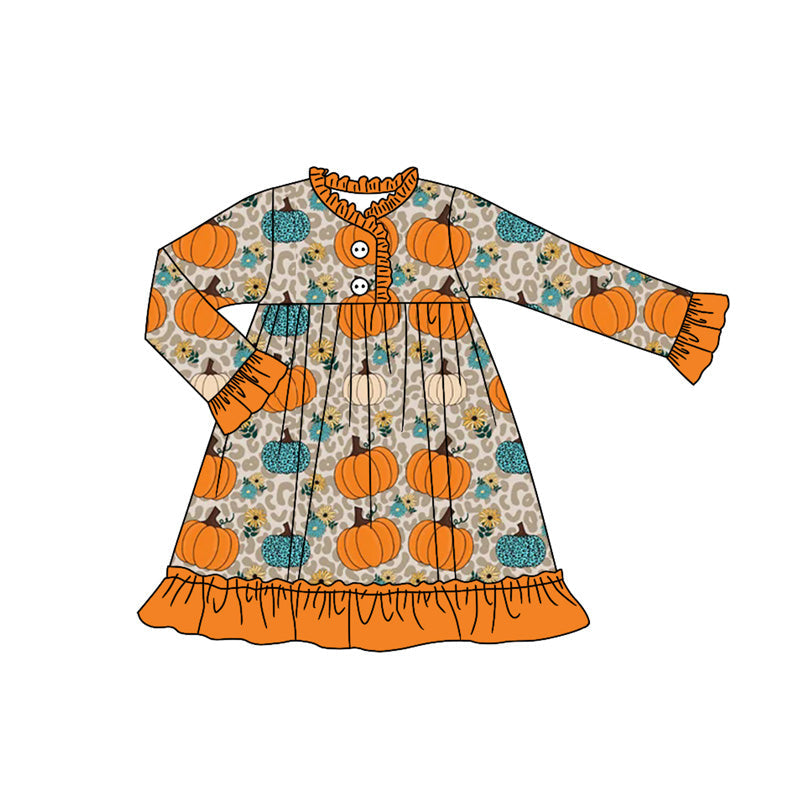 Orange long sleeves pumpkin leopard girls fall night dress