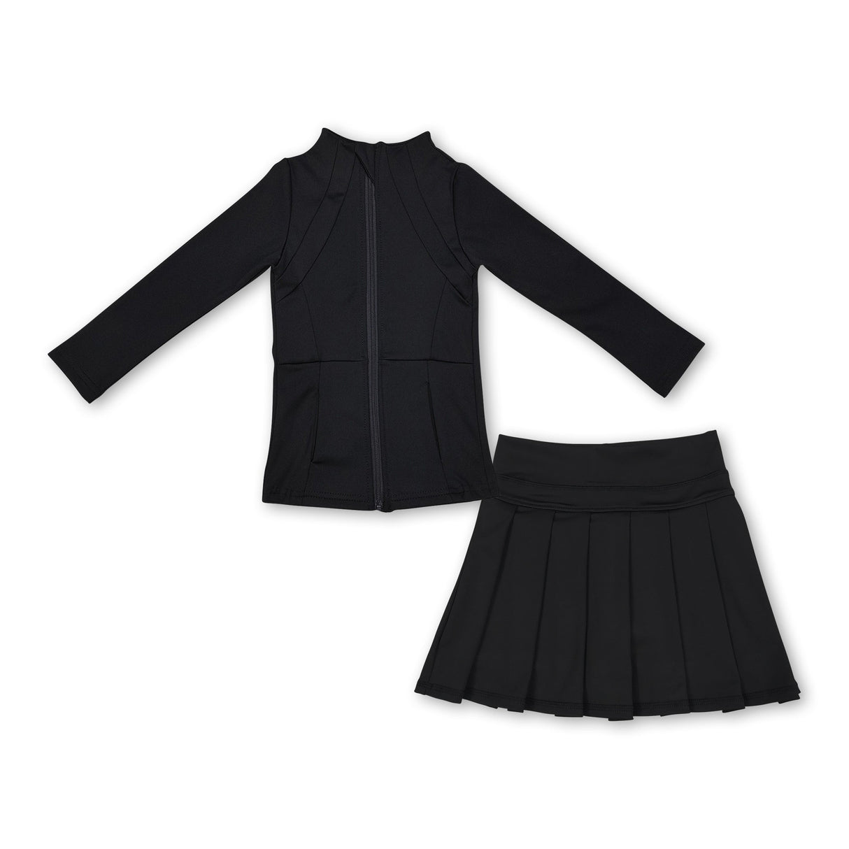 Black zipper jacket pleated skirt girls activewear set