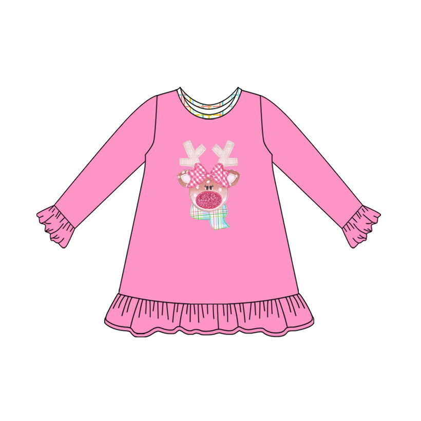 Long sleeves pink bow deer baby girls Christmas dress