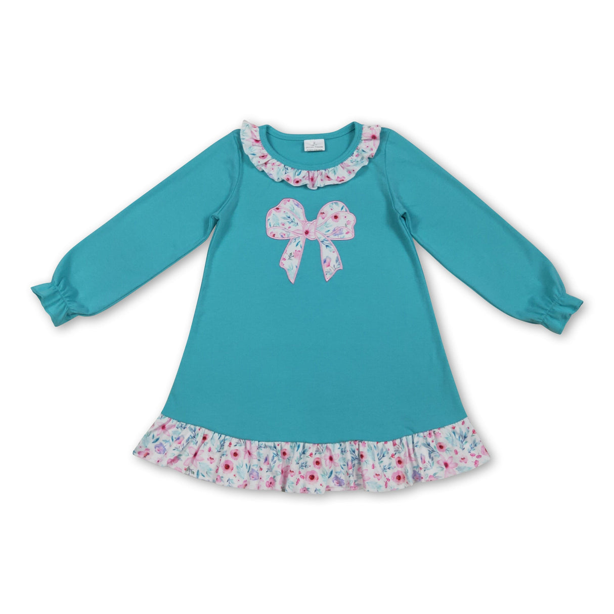 long sleeves floral bow ruffle kids girls dresses