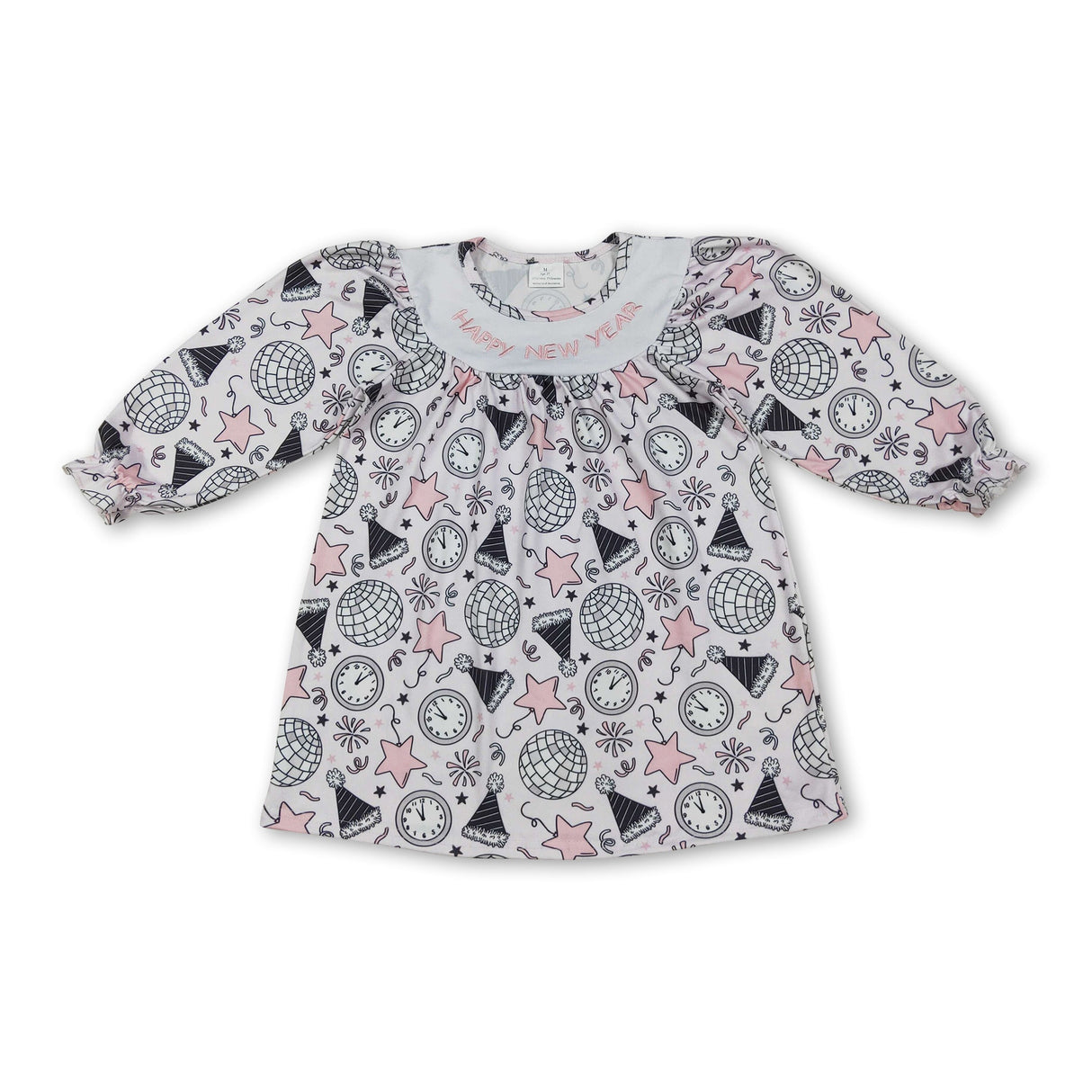 Happy New Year long sleeves pink stars kids girls dresses