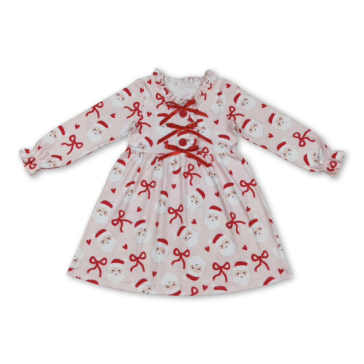 Long sleeves red santa heart kids girls Christmas dresses