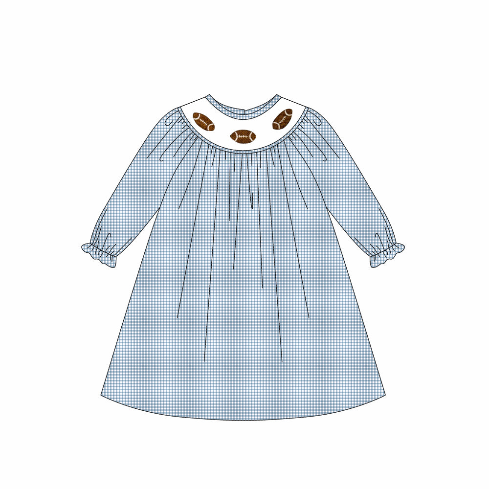 Lihgt blue plaid long sleeves football baby girls dresses