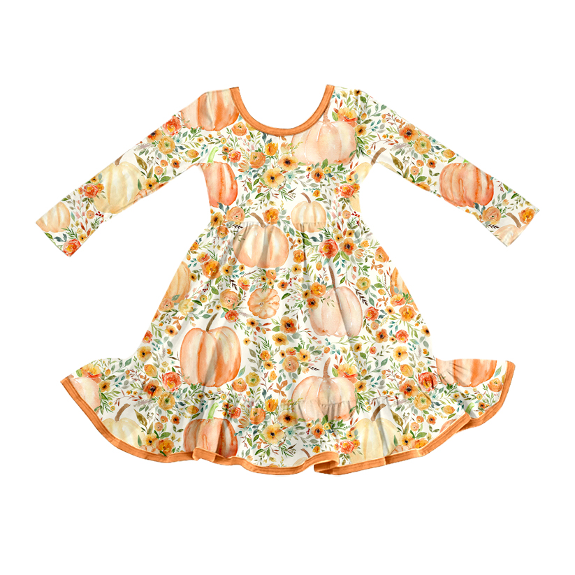Long sleeves pumpkin floral ruffle girls fall dresses