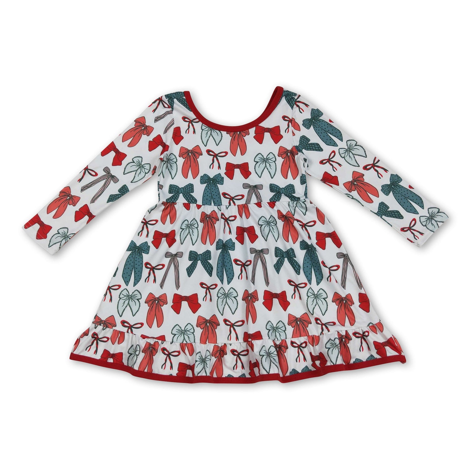 Long sleeves red green bow ruffle girls Christmas dresses