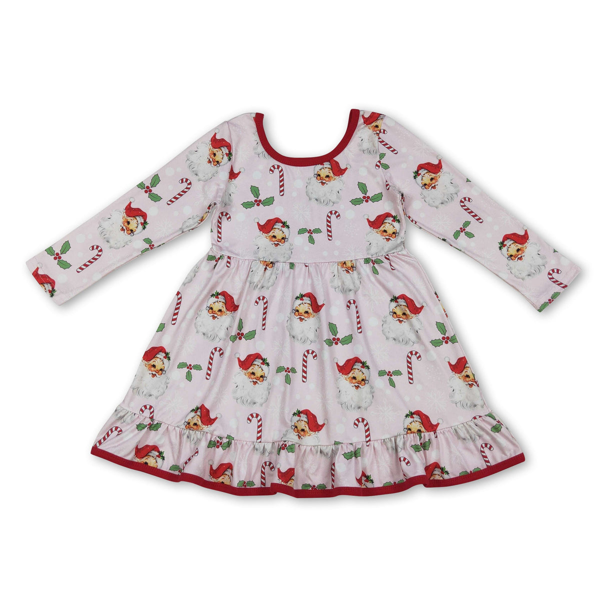 Long sleeves santa candy cane ruffle girls Christmas dresses