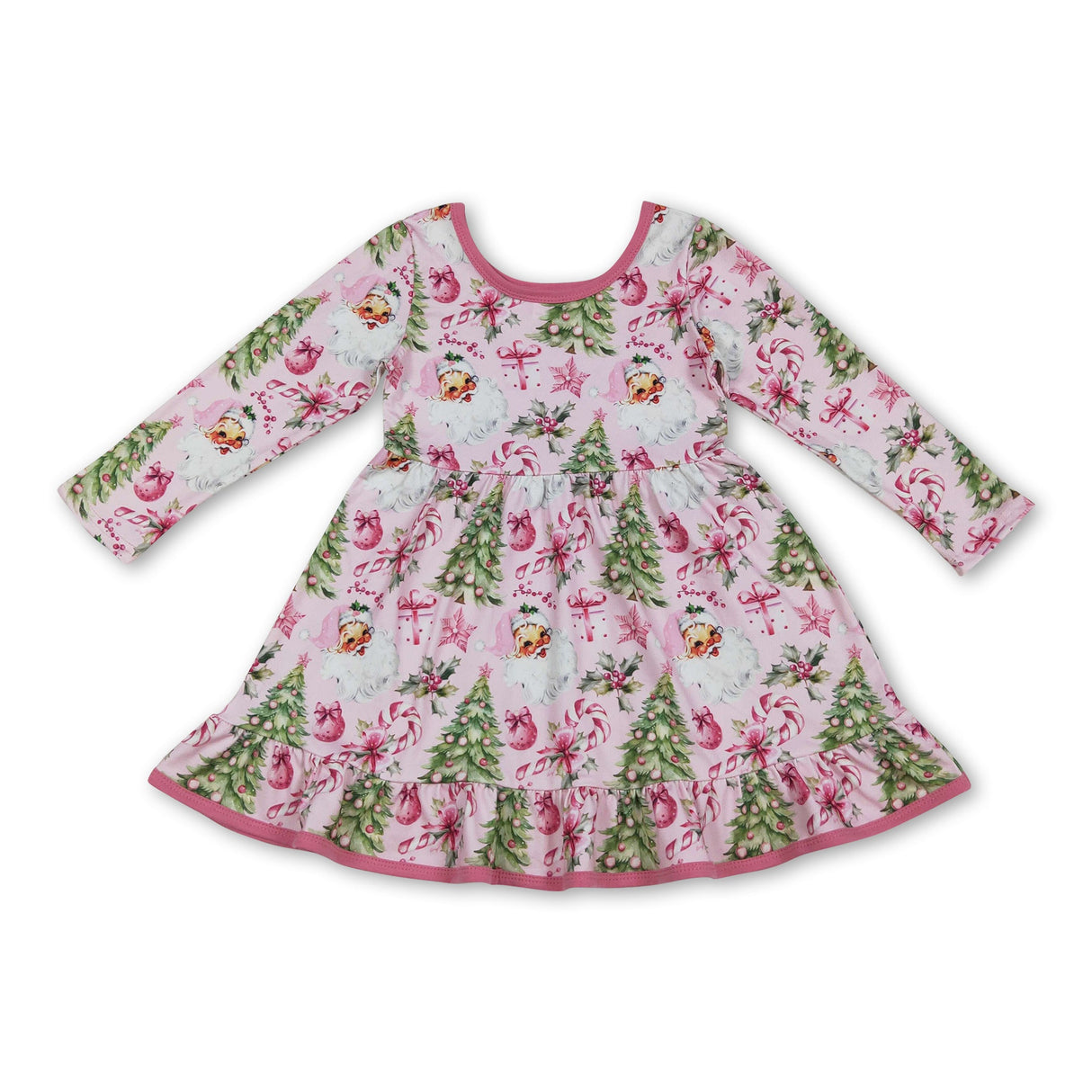 Long sleeves santa candy cane bow ruffle girls Christmas dress