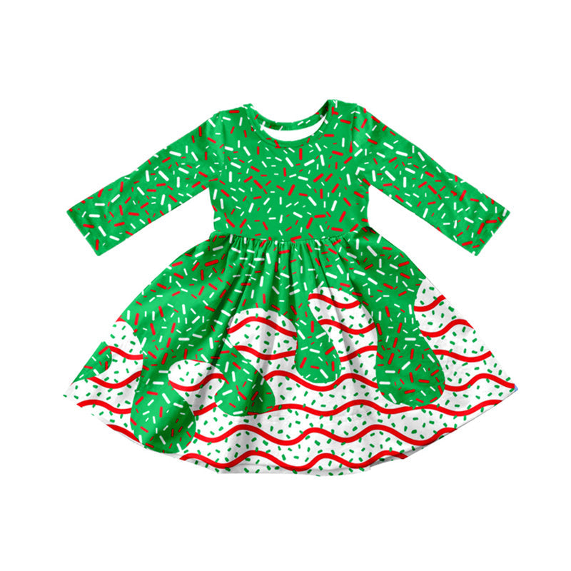 Long sleeves green ice cream sprinkle girls Christmas dress