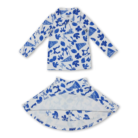 Blue bow football top skirt kids girls team activewear set