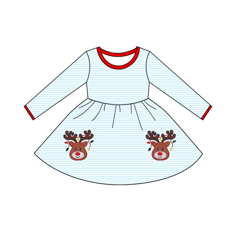 Long sleeves stripe deer Christmas lighting girls dresses