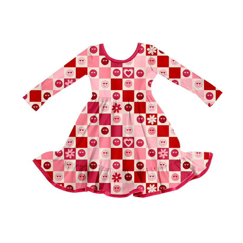 Smile floral plaid baby girls Valentine's ruffle dresses