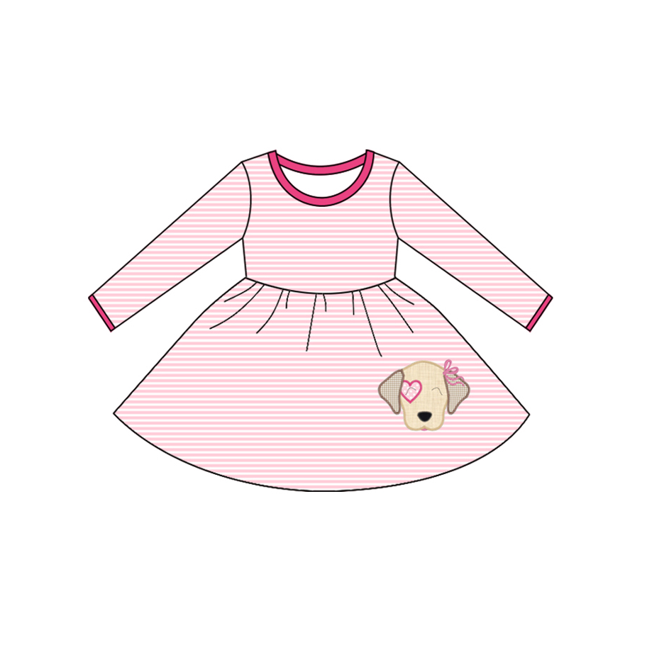 Pink stripe long sleeves heart dog girls valentine's dresses