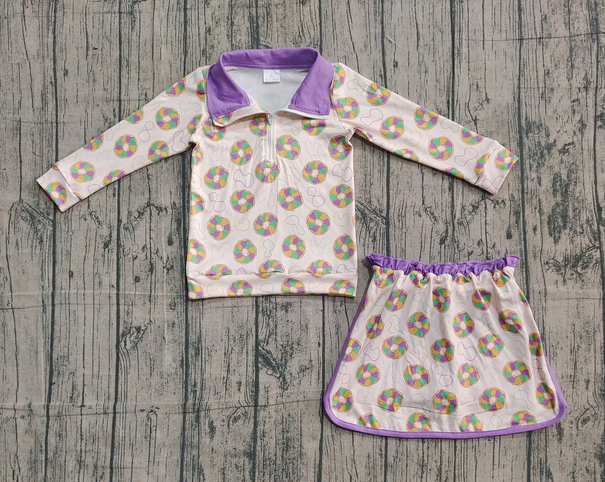 Purple yellow green donuts pullover skirt kids girls Mardi Gras set