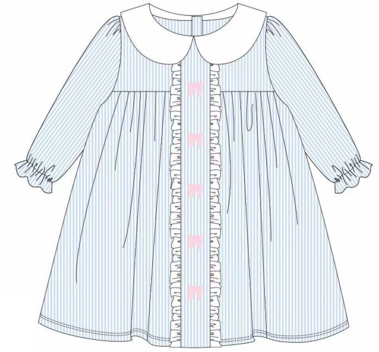 blue stripe pink bows kids girls ling sleeve dresses