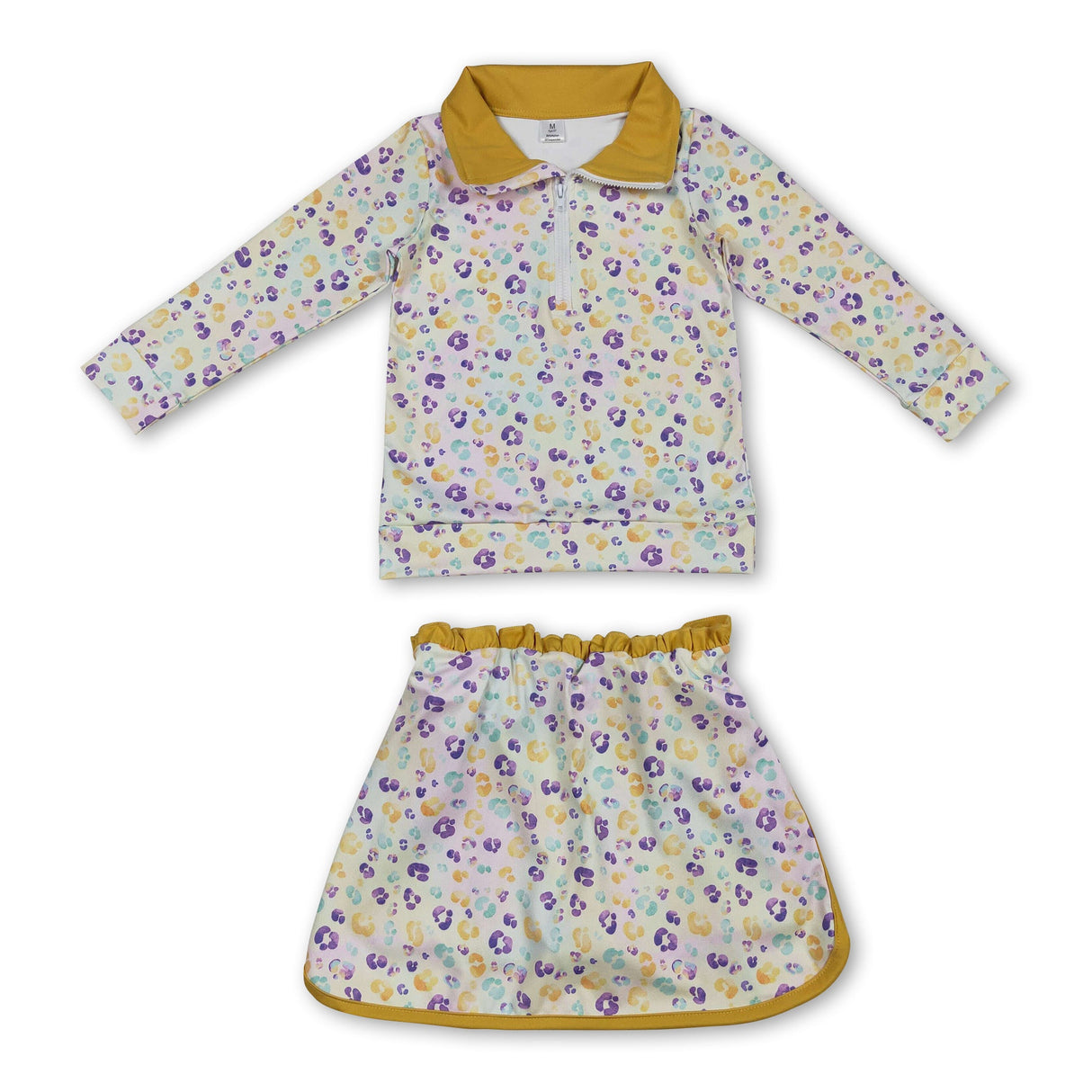 purple yellow green leopard pullover skirt kids girls Mardi Gras set