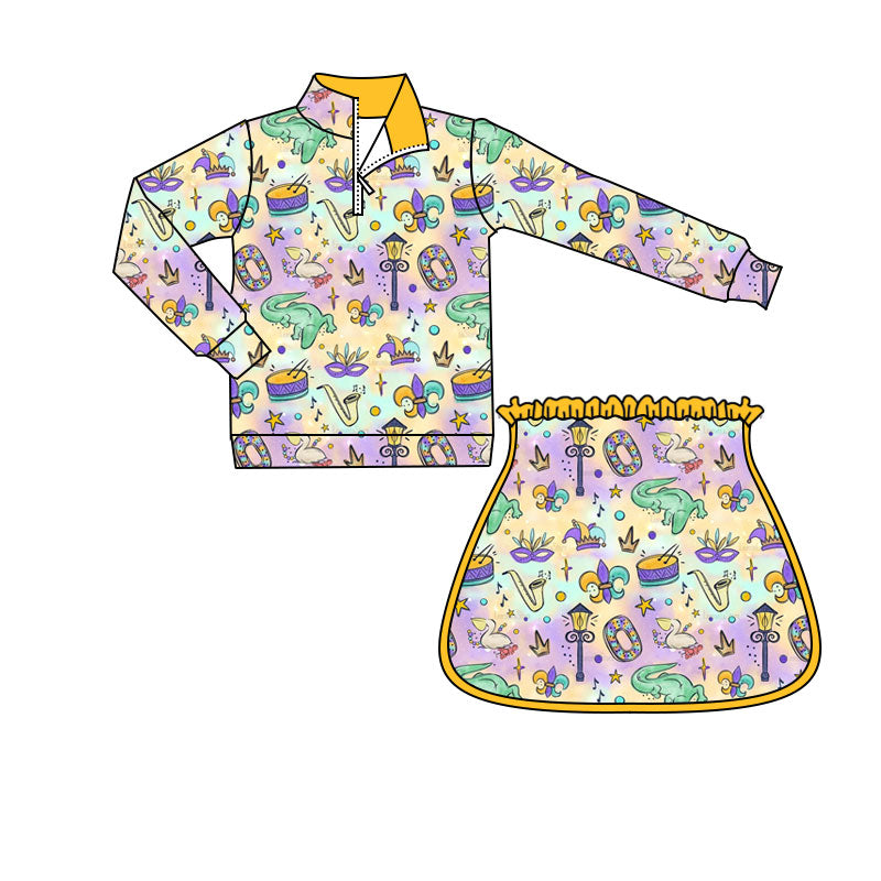 Mardi Gras pattern pullover skirt kids girls set
