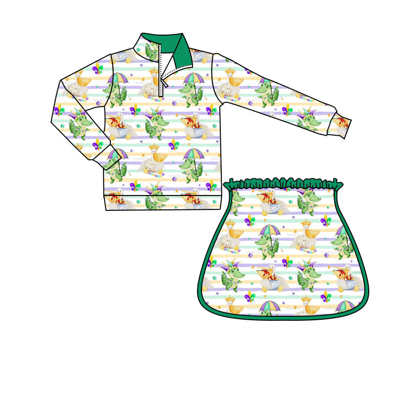 Mardi Gras crocodile pullover skirt kids girls set