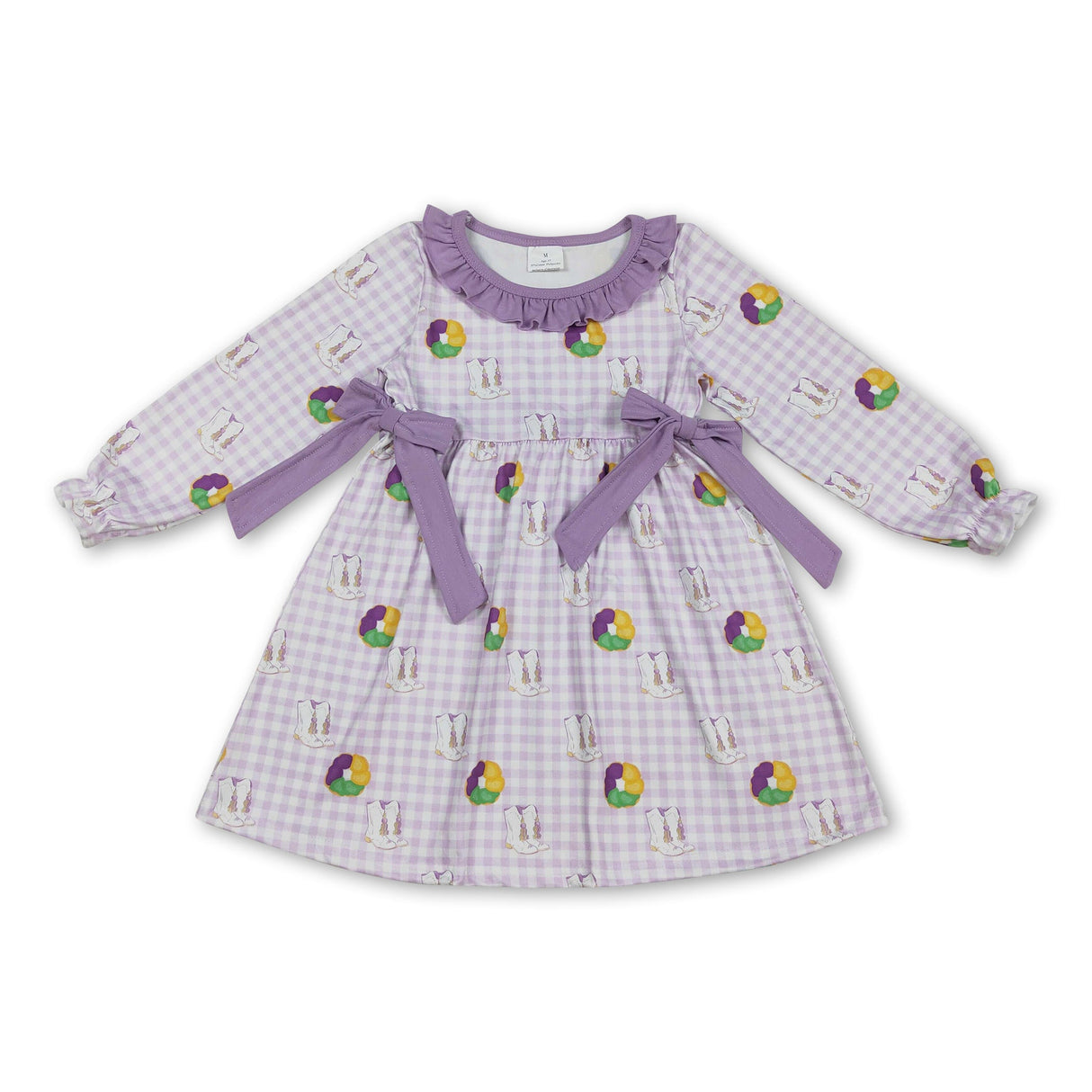 Purple yellow green donut boots plaid girls Mardi Gras dress