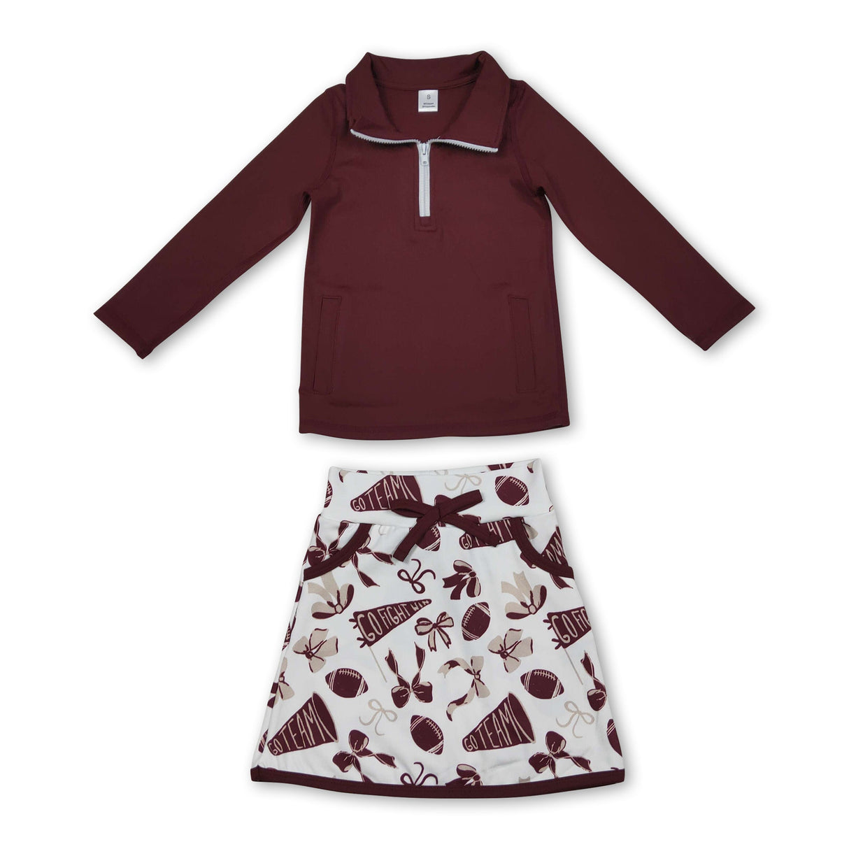 Maroon zipper pullover football bow skirt girls team activewear set