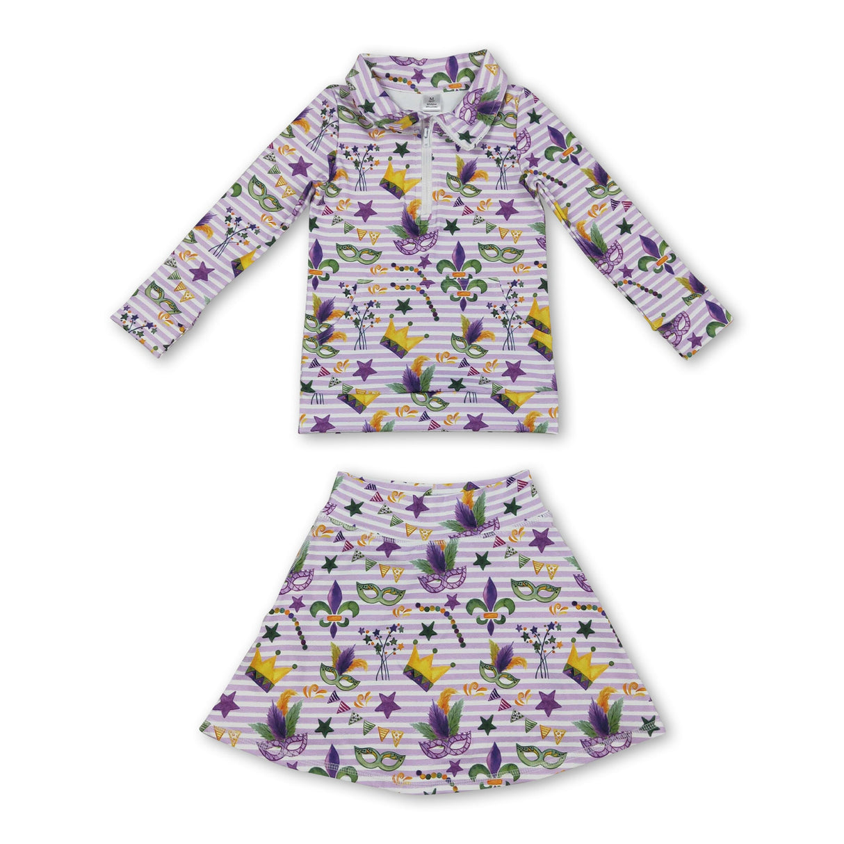 Purple stripe crown pullover skirt girls Mardi Gras active set