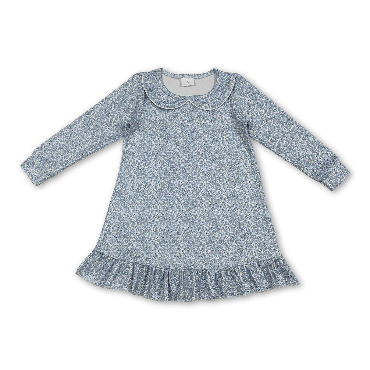 Long sleeves light blue floral ruffle baby girls dresses